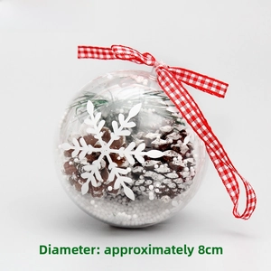 Clear 8cm Christmas ball with natural pine cones, needles, and white snowflake patterns