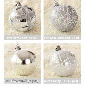 Close-up of 6cm silver Christmas balls with glitter and embossed textures on white fur