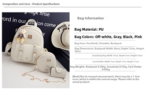 Dreiteiliges beiges PU-Leder Rucksack-Set mit Blumendekor und süßem Bären-Schlüsselanhänger