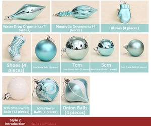 Detailed grid of 50 blue Christmas ornaments in assorted shapes like drops and stars
