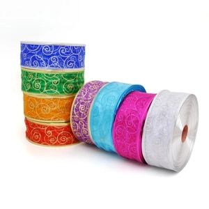 Detail of Christmas ribbon rolls with gold spiral patterns in various festive colors