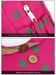 Detailed macro shot of canvas schoolbag with zipper and bronze magnetic buckle closures