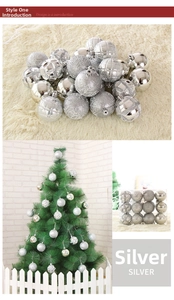 Detail of 24-piece silver Christmas ball ornaments with glitter and geometric textures