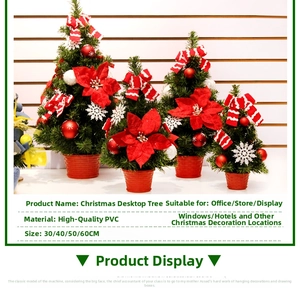 Vista dettagliata di alberi di Natale artificiali con fiocchi rossi e fiori in varie misure