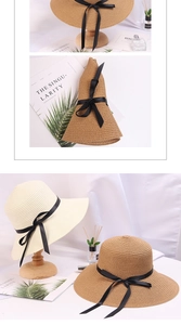 Detail showing foldable weave texture and black satin bow on cream and khaki straw hats