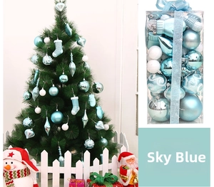 Sky blue Christmas ornament set featuring matte and glossy balls, socks and gloves