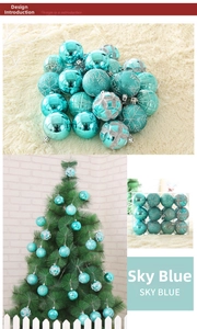 Detail of sky blue Christmas ornaments with assorted glitter and embossed textures