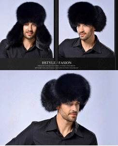 Three views of a thick black fox fur trapper hat with earflaps for winter warmth