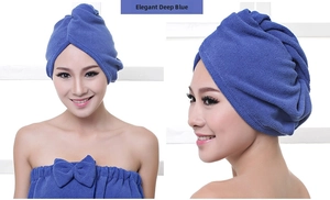Elegant deep blue microfiber hair towel and strapless bath towel wrap set with bow