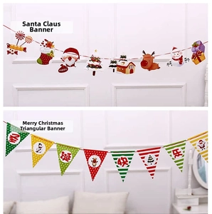 Close-up of paper Christmas banner set with Santa, trees and festive triangular bunting