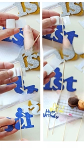 DIY assembly guide for felt 1st Happy Birthday cake toppers with sticks and glue dots