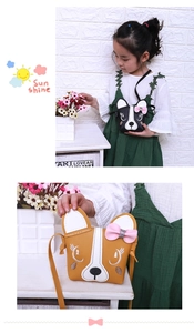 Detailed view of cartoon puppy crossbody bags with 3D pink bowknots in black and ginger