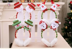 Detailed view of Christmas plush earmuffs featuring Santa, Snowman, and Reindeer designs