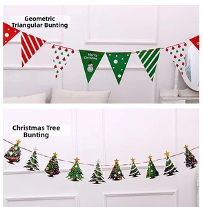 Detail of Merry Christmas paper bunting with geometric triangles and holiday tree patterns
