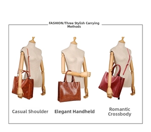 Three-way carry demonstration of brown pebbled leather handbag with adjustable strap