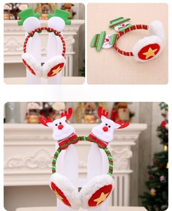Detailed view of Christmas plush earmuffs in snowman and reindeer styles on a fireplace