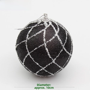 Detailed view of 10cm black Christmas ball featuring silver glitter lattice patterns