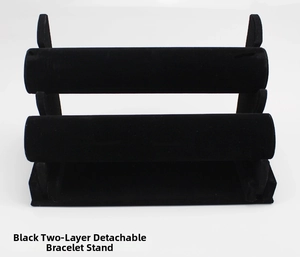 Macro detail of a 2-tier black velvet detachable bracelet and watch jewelry display stand