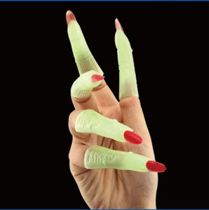 Glow-in-the-dark zombie finger covers with red nails for Halloween cosplay costumes