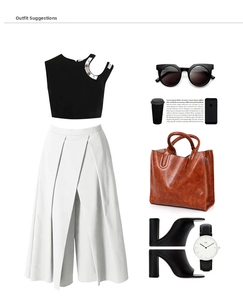 Styling set with black sleeveless top, white maxi skirt and brown leather handbag