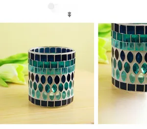 Macro detail of blue and green mosaic glass tiles on a cylindrical candle holder