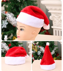 Plush Christmas hat displayed in various angles with festive holiday decor background