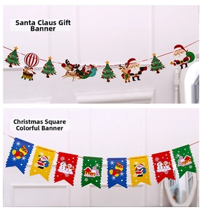 Close-up of paper Christmas banner featuring Santa, reindeer, and colorful triangle flags
