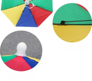 Detail of rainbow umbrella hat featuring a black painted metal frame and protective plastic top cap