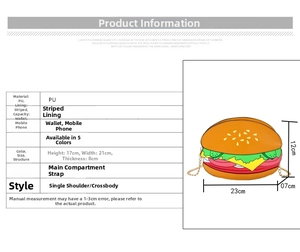 Detailed dimensions of the creative burger shaped PU shoulder bag with gold chain strap