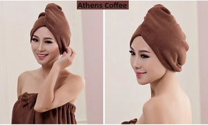 Detail of dark coffee microfiber hair towel and bath wrap set with bow decoration