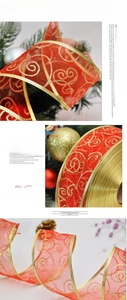 Detail of red Christmas ribbon with golden spiral glitter patterns and wire edges