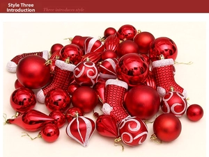 Detailed assortment of red glossy and matte Christmas ornaments in various shapes