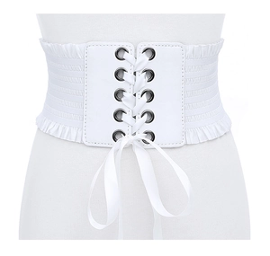 Close-up detail of the white women's wide corset belt featuring lace-up ribbon and ruffled edges.