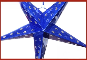 Detail showing blue hollowed star ornament with moon patterns and snowflake textures