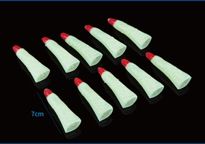 Set of 10 green zombie witch fingers for Halloween, 7cm long with red nails detail