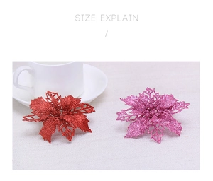 Close-up of 10cm glitter artificial Christmas flowers in red and pink-purple colors