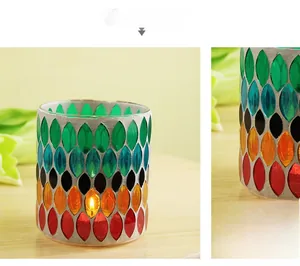 Detailed macro view of vibrant mosaic glass candle holder with multicolored water drop patterns