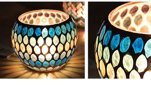 Macro detail of colorful mosaic glass candle holder with vibrant light reflection