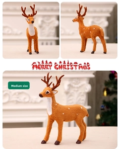 Close-up of medium size plush Christmas reindeer figurine with white spots and antlers