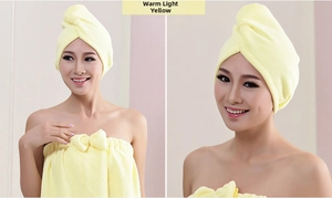 Pale yellow microfiber hair towel and spa wrap set with bow tie detail for women