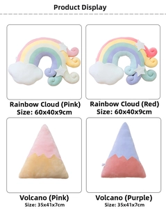 Detail showing plush star and rainbow pillows with dimensions 60x40cm and 35x41cm