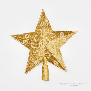 Detail of 20cm gold glitter Christmas tree topper star with white swirl patterns