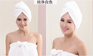 Front and side view of a white microfiber hair drying turban worn by a female model