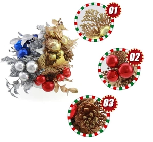 Detail of Christmas pick with pine cones, shiny ornaments, and glitter leaves decoration