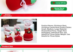 Detailed size specifications for three red flocked Christmas candy boot gift containers