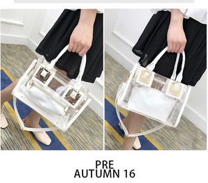 Detail view of transparent jelly beach bag with white leather straps and gold hardware