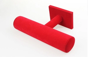 Macro shot of single-tier T-bar jewelry display stand with red velvet surface texture