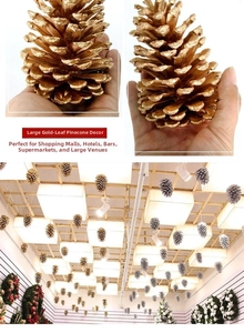 Detailed view of large gold-plated pine cones used for festive ceiling decorations