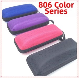 Detail view of colorful EVA sunglasses cases with hexagonal honeycomb texture and hooks