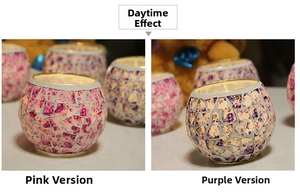 Detail of mosaic glass candle holders in pink and purple with碎花 mosaic patterns
